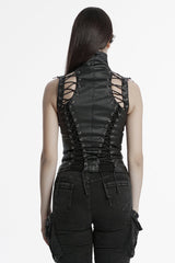 Black Domineering High Collar Sleeveless Lace-Up Rivet Women's Punk Corset - Product - 3