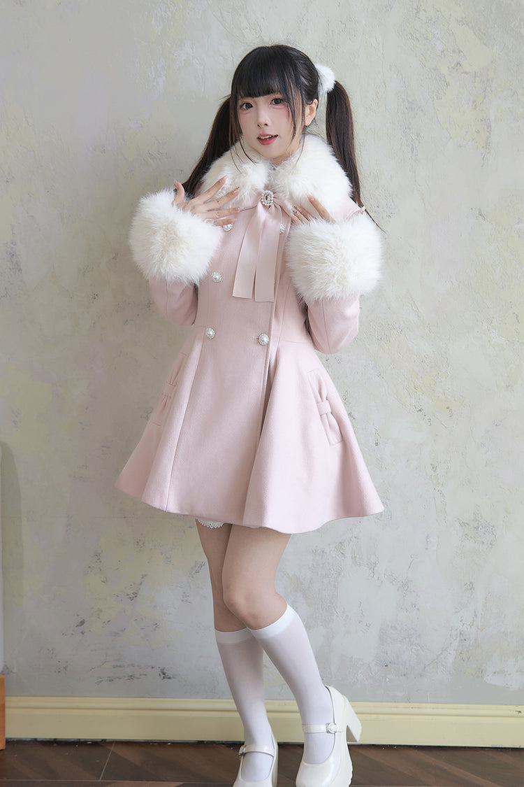 Pink Double-Breasted Long Sleeves Bowknot Japanese Sweet Lolita Coat - Product - 2