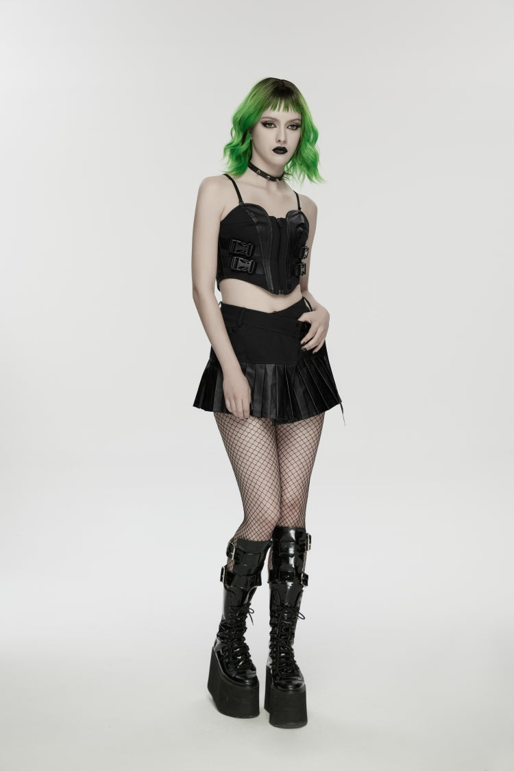 Black Asymmetric Buckled Pleated Women's Punk Skirt - Product - 4