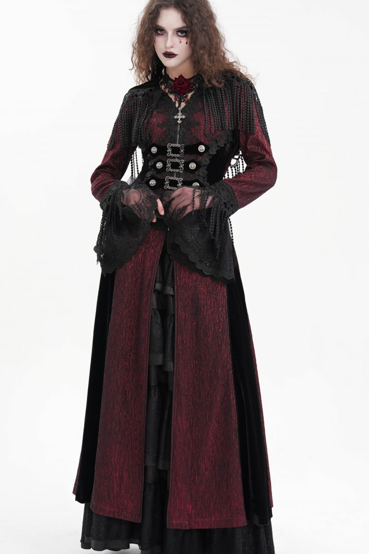 Red Buckle-up Tassels Women's Gothic Jacket with Hood - Product - 2