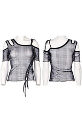 Asymmetrical Cutout Neckline Strap Design Plaid Mesh Women's Punk T-Shirt - Product - 7