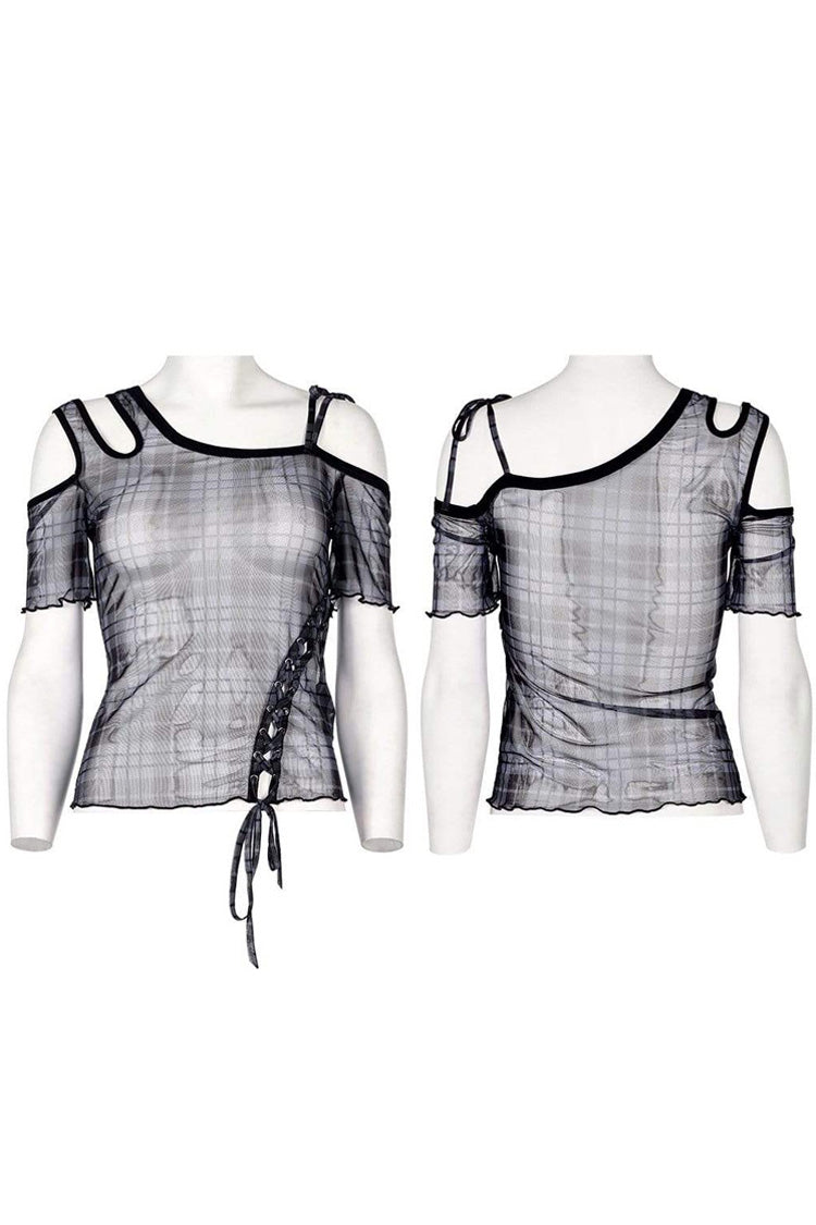 Asymmetrical Cutout Neckline Strap Design Plaid Mesh Women's Punk T-Shirt - Product - 7
