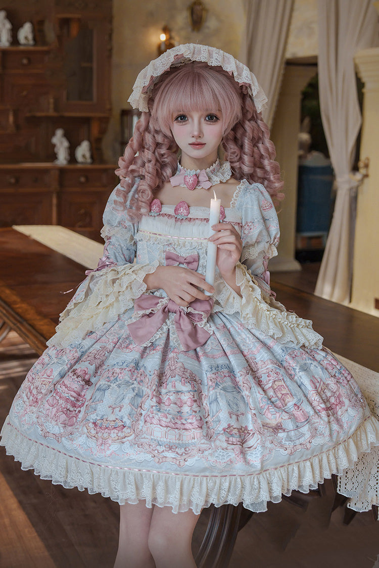 Blue/Pink [Victoria Cake] Square Collar Long Trumpet Sleeves Jacquard Printed Ruffled Bow Lace Sweet Lolita Dress - Blue/Pink - 1
