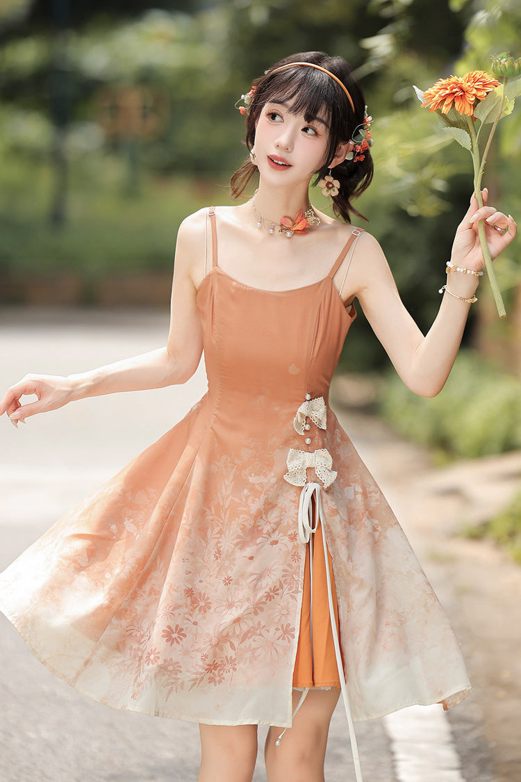 Orange Square Collar Sleeveless Chrysanthemum Printed Bow Lace-Up Asymmetric Sweet Chinese Inspired Lolita Jsk Dress Set - Dress(Only) - 7