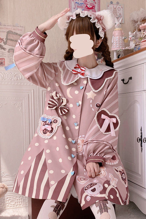 Pink Doll Lapel Collar Single Breasted Lantern Long Sleeves Bear Print Sweet Lolita OP Dress - Product - 4