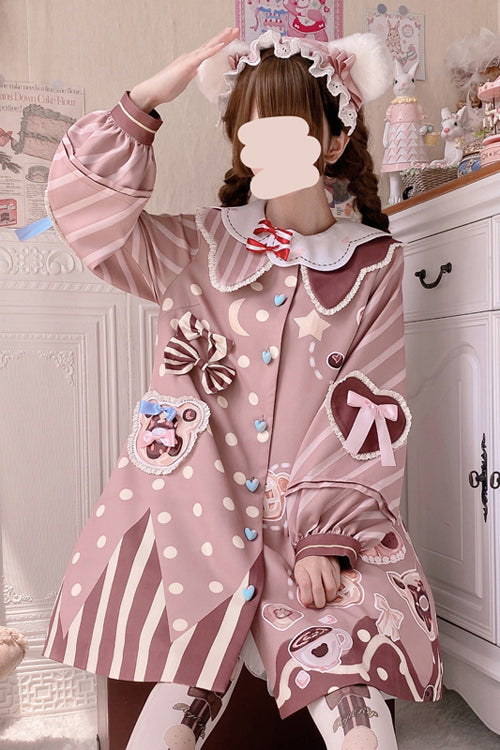 Pink Doll Lapel Collar Single Breasted Lantern Long Sleeves Bear Print Sweet Lolita OP Dress - Product - 4