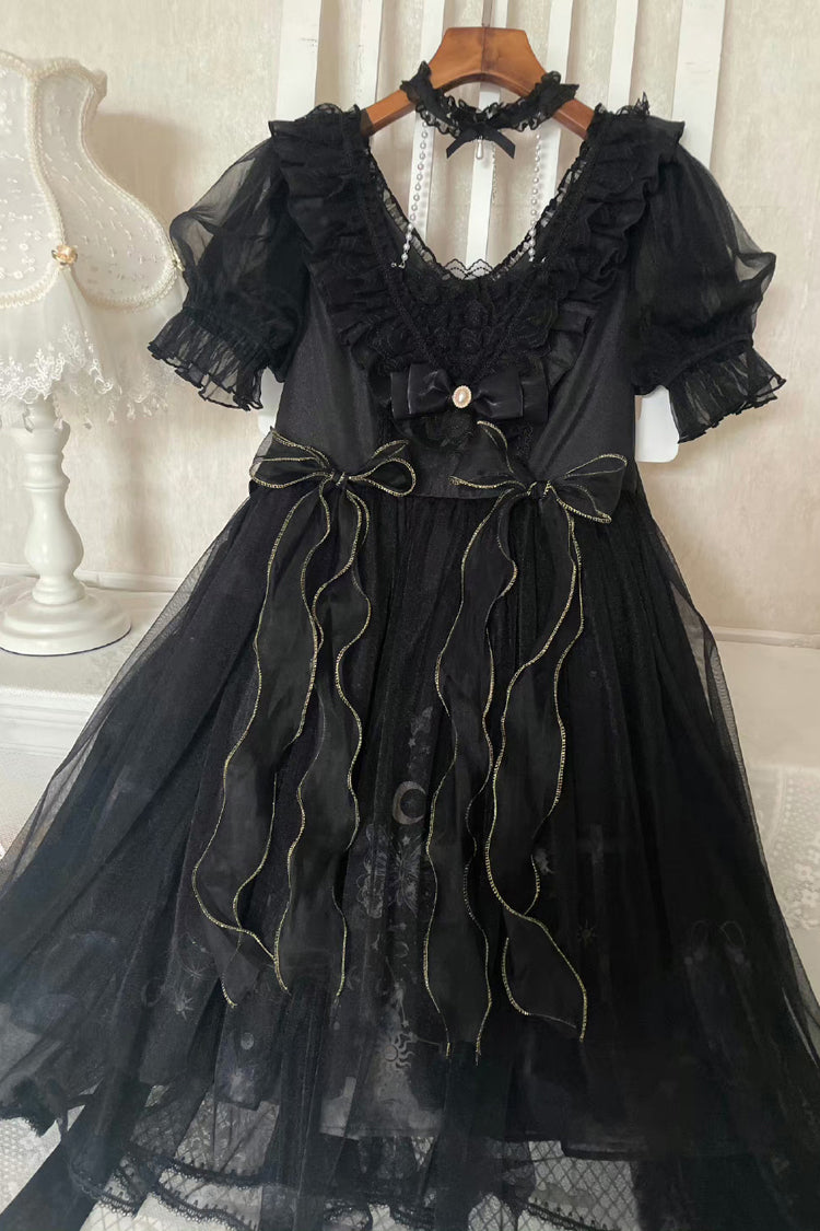 Black High Waisted Planet Butterfly Print Ruffle Lace Gothic Lolita Dress - Product - 15