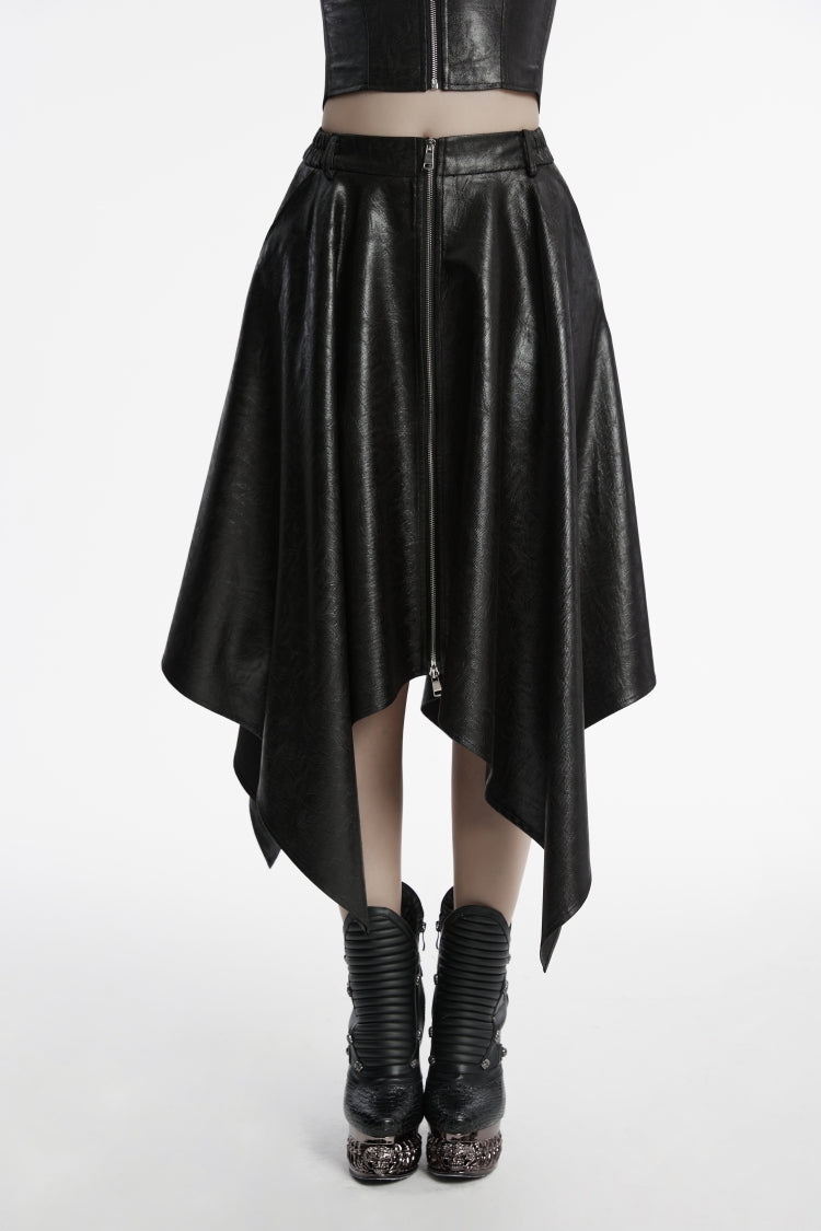 Black Irregular Zippered Women's Punk Cool Faux Leather Skirt - Product - 4
