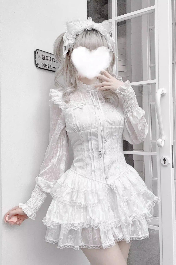 [Rose Bible] Long Sleeves Triple-Layered Multi-Layered Jacquard Ruffled Lace-Up Gothic Jirai Kei Japanese Blouse and Pumpkin Shorts Set 2 Colors - Product - 7