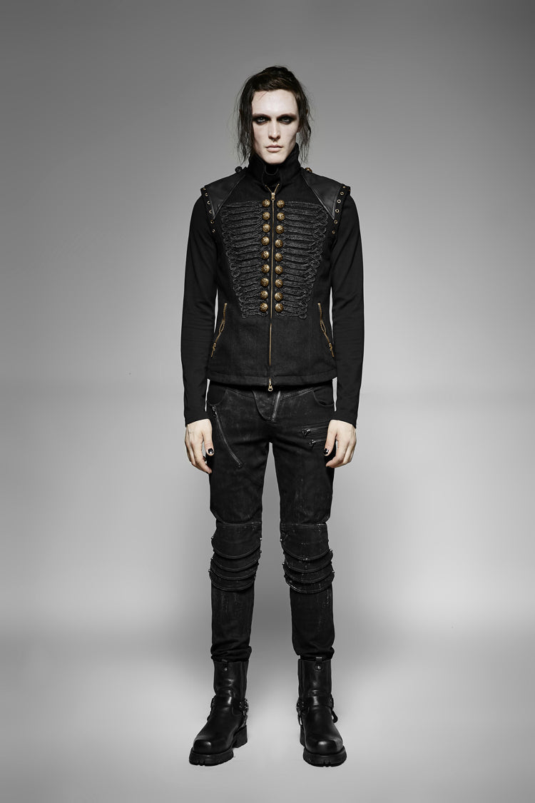Black Sleeveless Double Breasted Retro Metal Button Decoration Mens Steampunk Vest - Product - 3