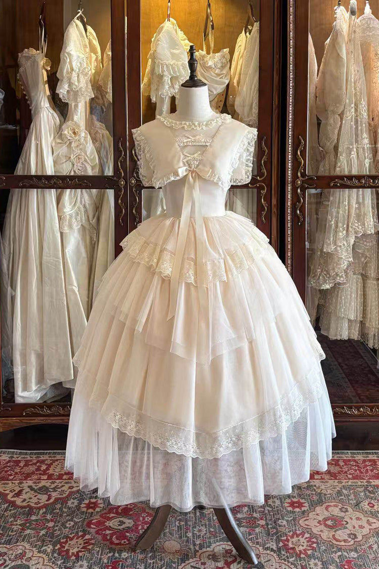 White [Dream by the Pillow] Triple-Layered Ruffled Bow Lace Sweet Elegant Lolita Dress - Product - 3