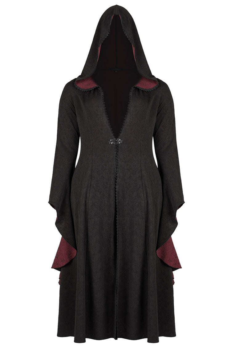 Black/Red Knitted Long Sleeves Big Hat Mystery Witch Rose Pattern Women's Gothic Coat - Product - 5