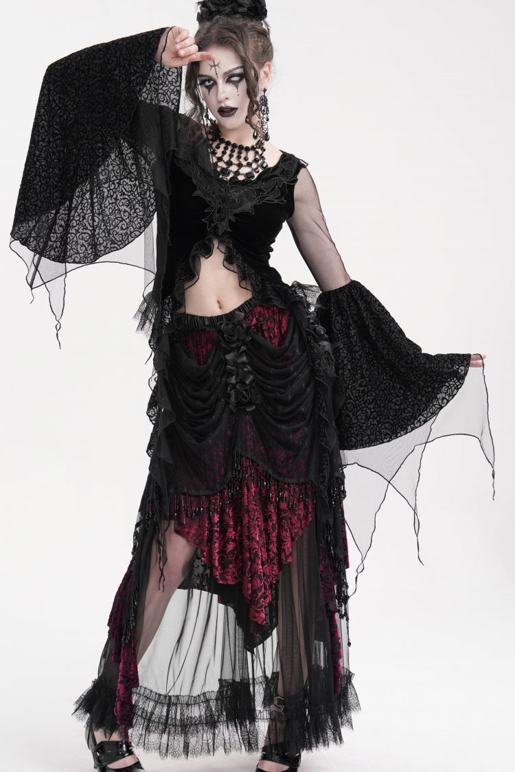 Black Long Sleeves Embroidery Mesh Ripped Women's Gothic Crop Top - Product - 5