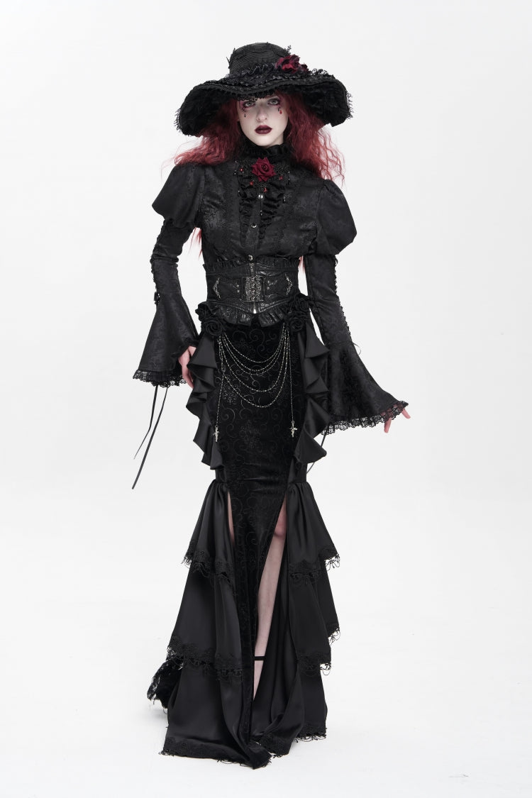 Black Stand Collar Long Puff Sleeves Floral Jacquard Lace-Up Women's Gothic Blouse - Product - 5