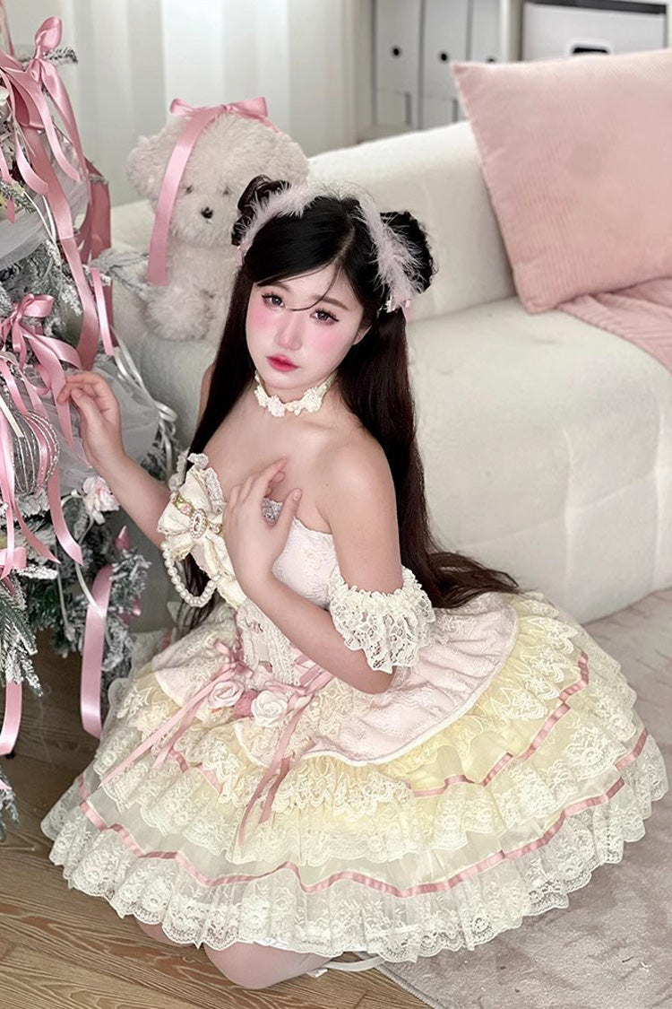 Pink [Sweet Tea Rose Dew] Triple-Layered Ruffle Bowknot Lace Gorgeous Sweet Lolita Skirt - Product - 5