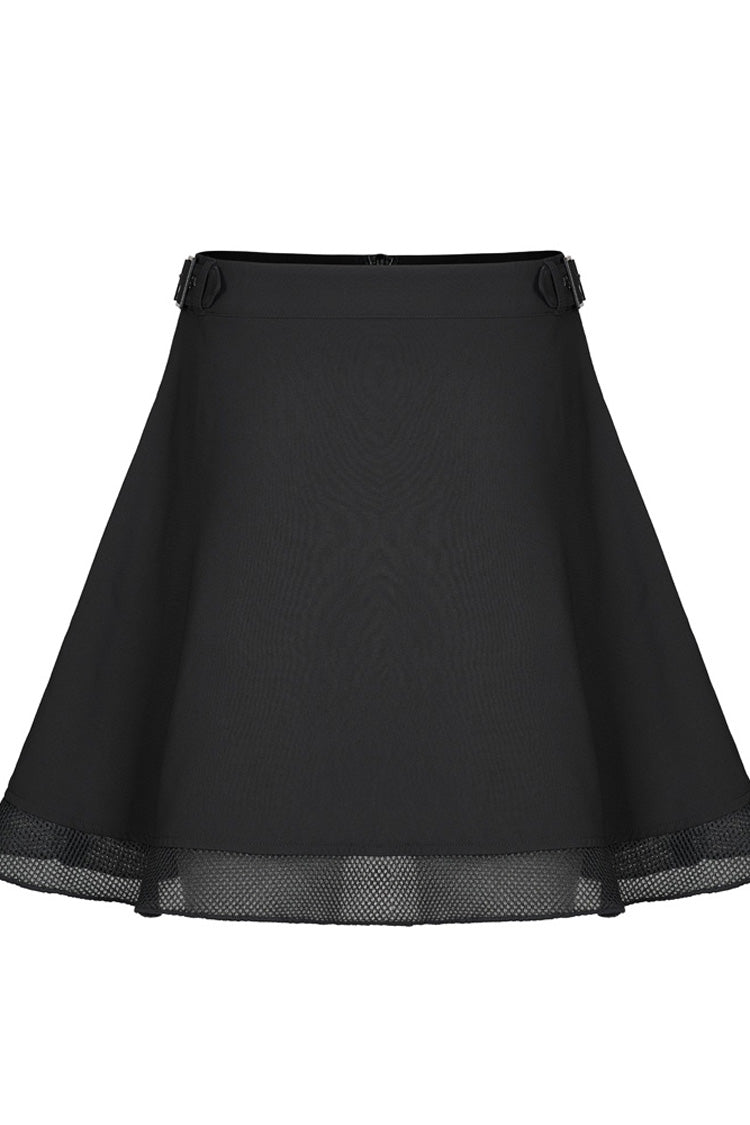 Black Chiffon Plaid Large-Hole Mesh Stitching V-Word Segmentation Design Sun-Hem Women's Punk Skirt - Product - 4