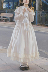 Ivory Round Collar Long Sleeves Ruffle Sweet Lolita Dress - Ivory - 1