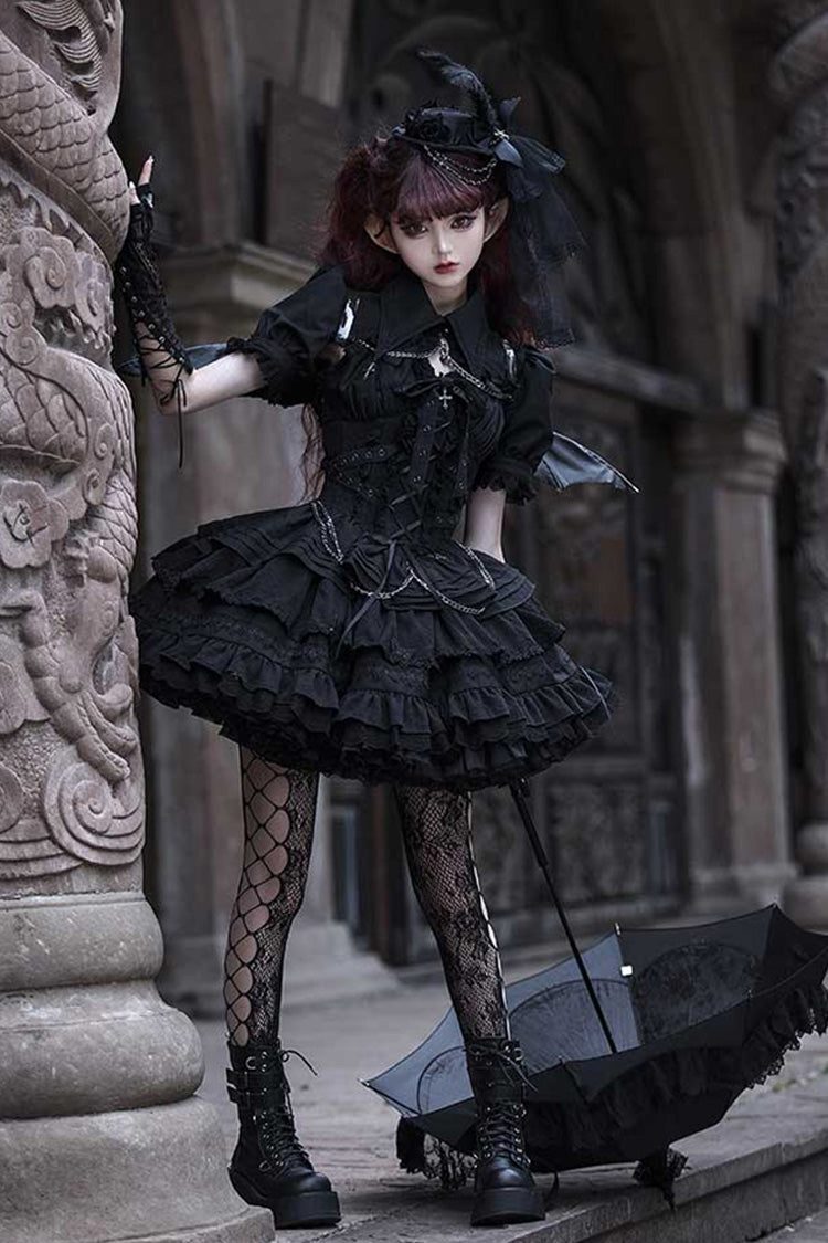 [Covenant Cross] Sleeveless Triple-Layered Ruffle Bowknot Lace-Up Gothic Lolita Jsk Dress 6 Colors - Black - 1