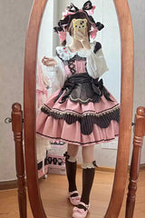 [Strawberry and Mint Chocolate] Double-Layered Printed Bow Lace-Up Irregular Sweet Lolita Dress 2 Colors - Product - 5