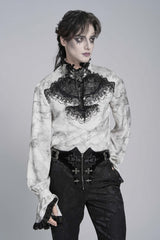White Stand Collar Long Trumpet Marble Printed Sleeves Embroidered Spliced Men's Gothic Palace Shirt - Product - 11
