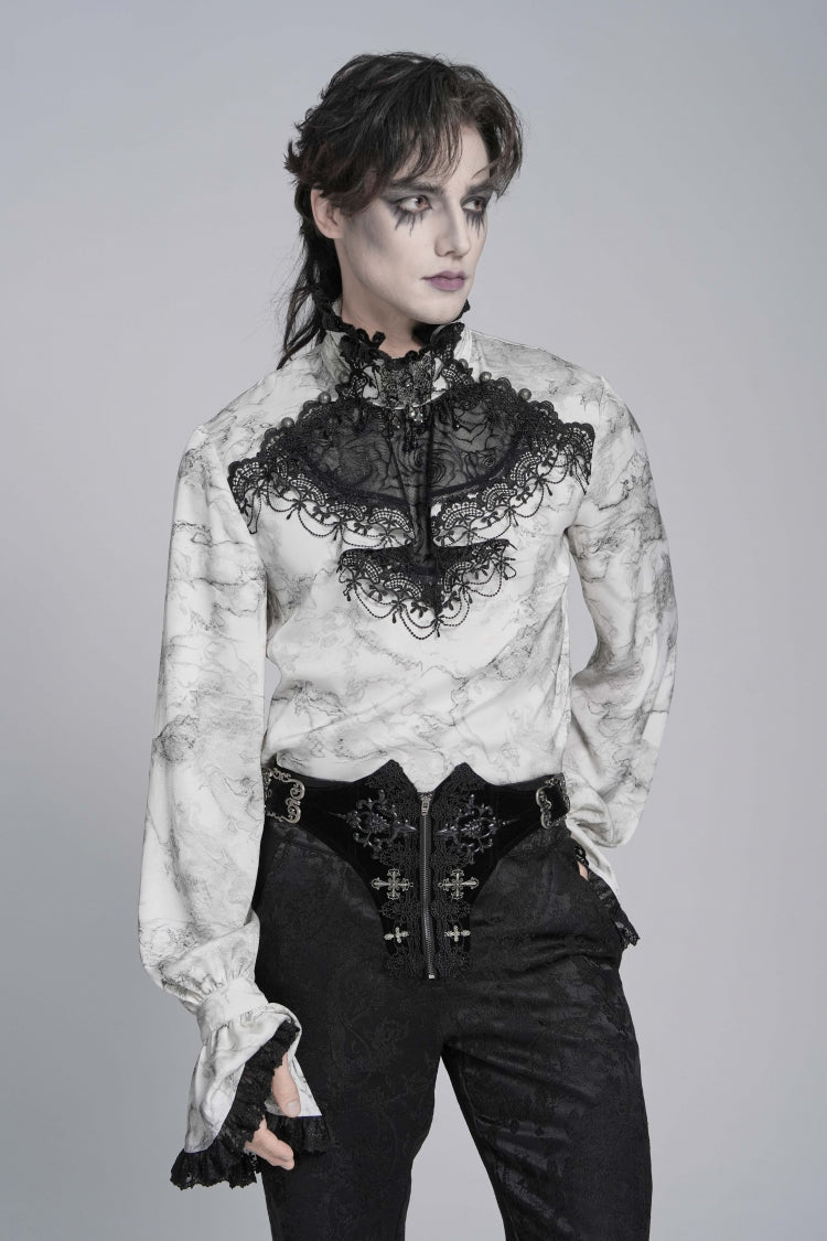 White Stand Collar Long Trumpet Marble Printed Sleeves Embroidered Spliced Men's Gothic Palace Shirt - Product - 11