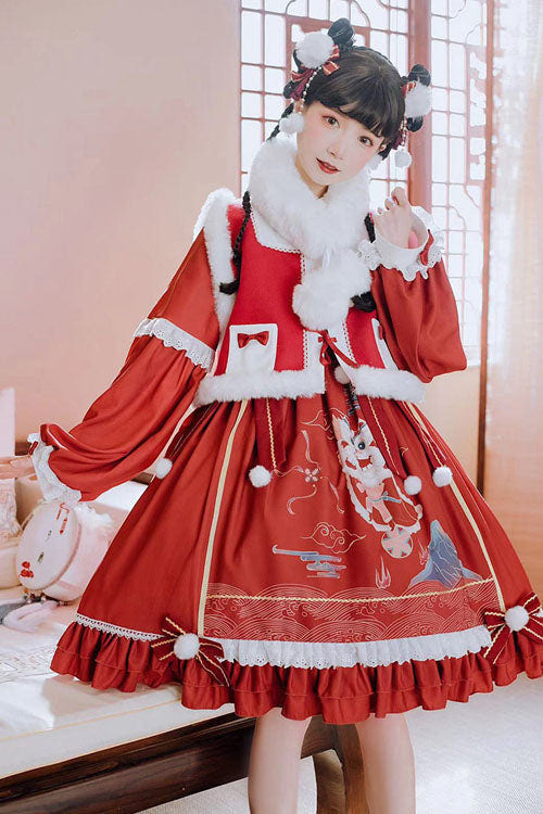 Red Lion Stepping On Hydrangea Print Bowknot Long Sleeves Multi-Layer Ruffled Sweet Lolita OP Dress - Product - 3