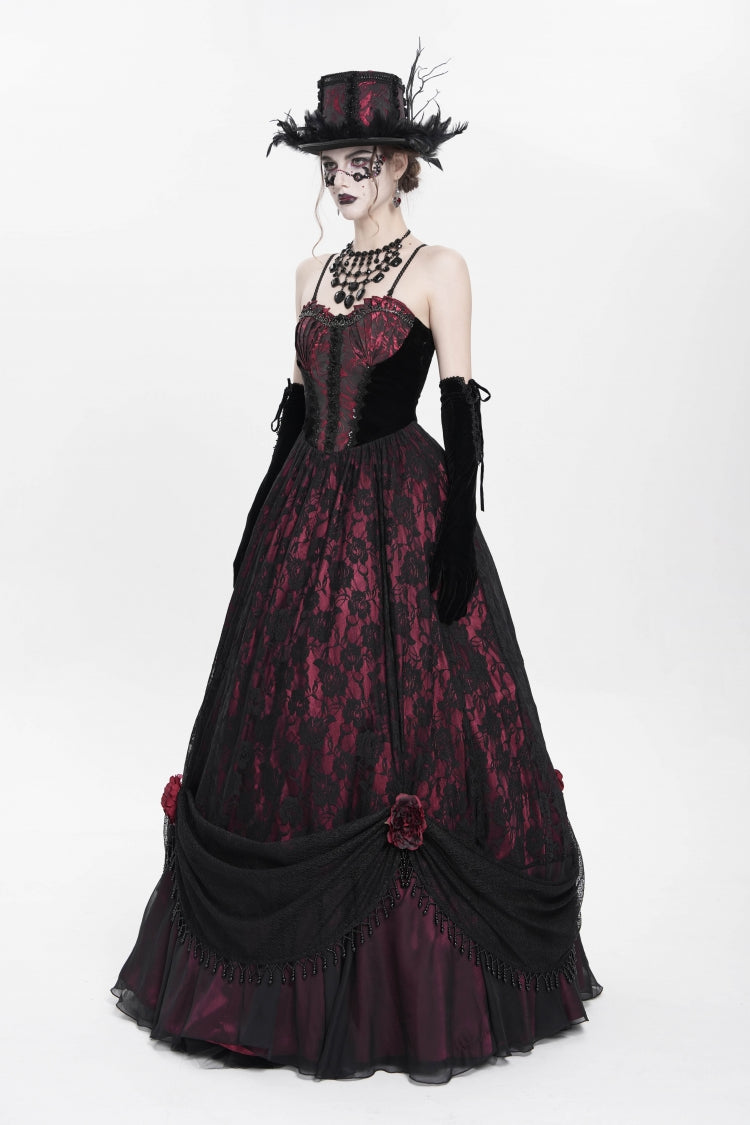 Red Jacquard Embroidery Floral Beaded Women's Gothic Long Slip Dress - Product - 2