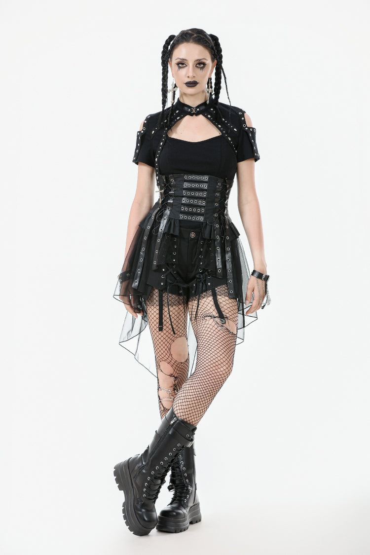 Black High Waisted Lace-Up High/low Mesh Women's Punk Skirt - Product - 4