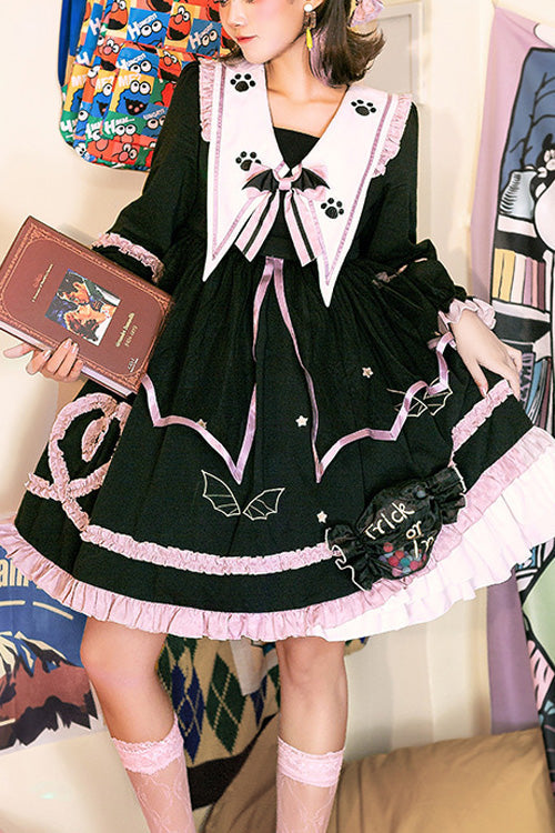 Dark Black High Waisted Purple Ruffled Long Sleeves Lolita OP Gothic Lolita Dress - Black - 1