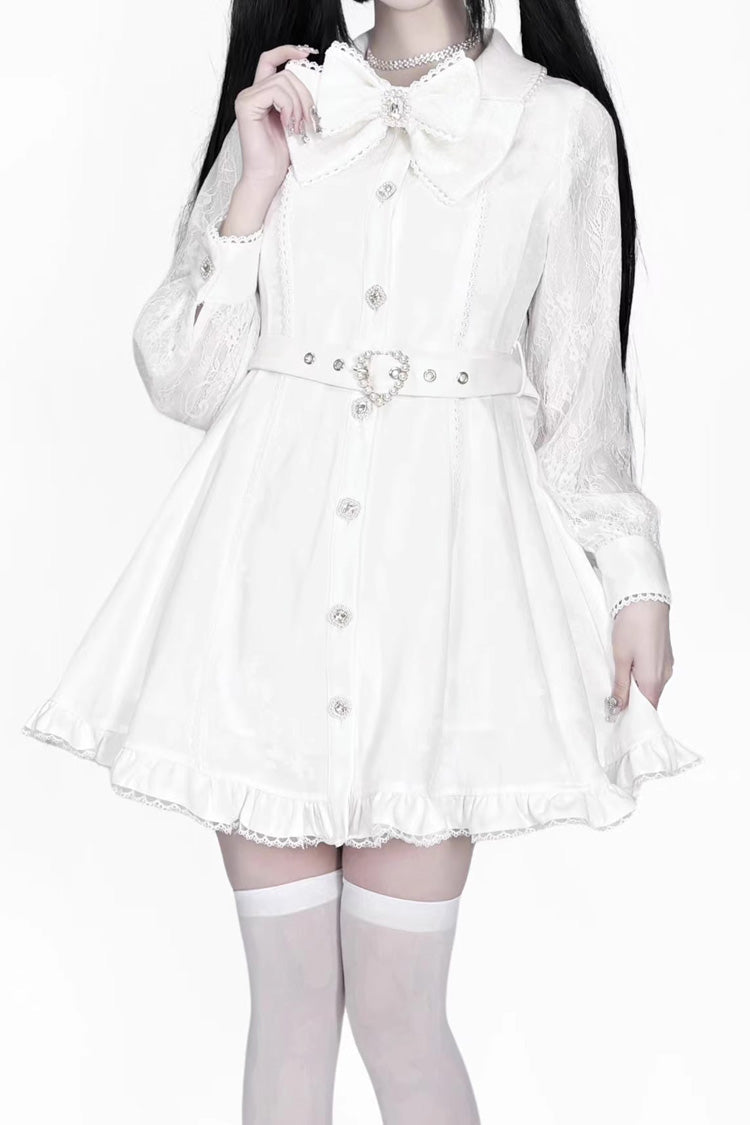 White Long Sleeves Removable Cape Ruffle Lace Gothic Jirai Kei Elegant Dress - Product - 3