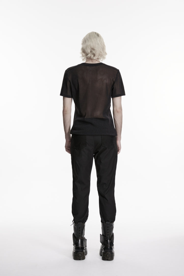 Black Spliced Slim Mesh Buckled Men's Punk Cool Pants - Product - 8