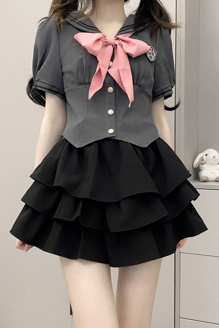 Short Sleeves Multi-layer Ruffle Bowknot Sweet College Style Japanese School Skirt Set 4 Colors - Black - 12