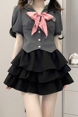 Short Sleeves Multi-layer Ruffle Bowknot Sweet College Style Japanese School Skirt Set 4 Colors - Black - 12