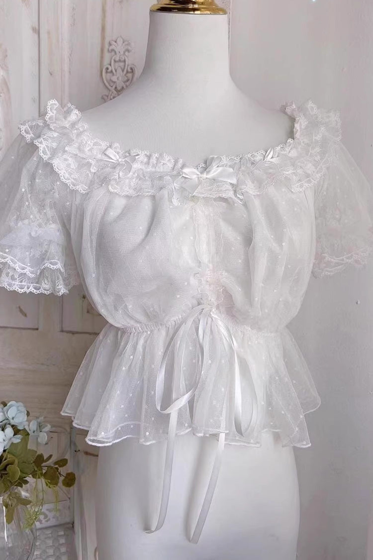 [Cream Point] Short Sleeves Embroidery Bowknot Lace Sweet Lolita Blouse - White - 3