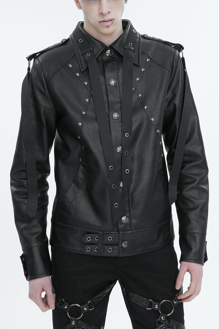Black Lapel Collar Studded Strap Dashing Men's Punk Jacket - Black - 1