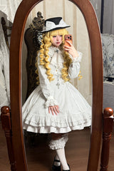 White [Point Manor] Stand Collar Long Sleeves Multi-Layered Striped Printed Ruffled Lifted Hem Bow Gothic Lolita Dress - Product - 6