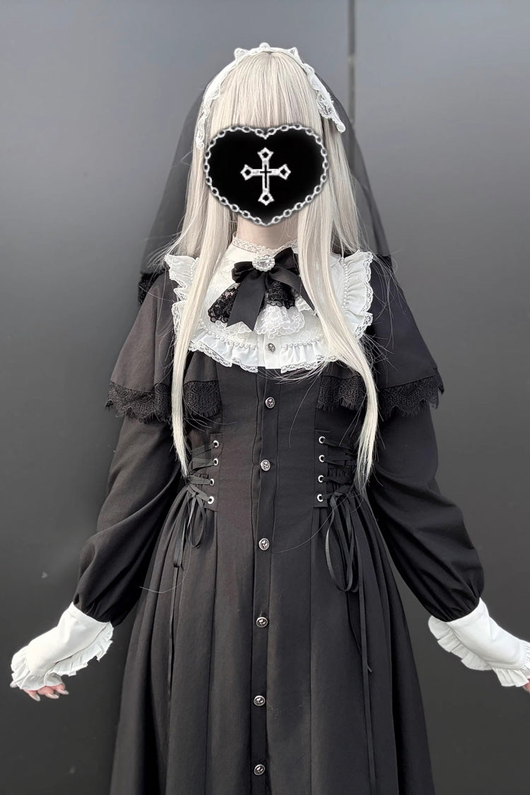 Black/White [Silent Prayer] Long Sleeves Ruffled Bow Lace-Up Gothic Jirai Kei Long Dress - Product - 6