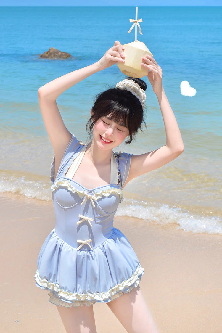Blue Halterneck Ruffle Bowknot Sweet College Style Lolita One-piece Swimsuit - Product - 2