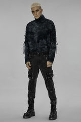 Black/Blue Punk Post Apocalyptic Turtleneck Tattered Tie Dye Print Lace Up Long Sleeve Men's T-Shirt - Product - 4