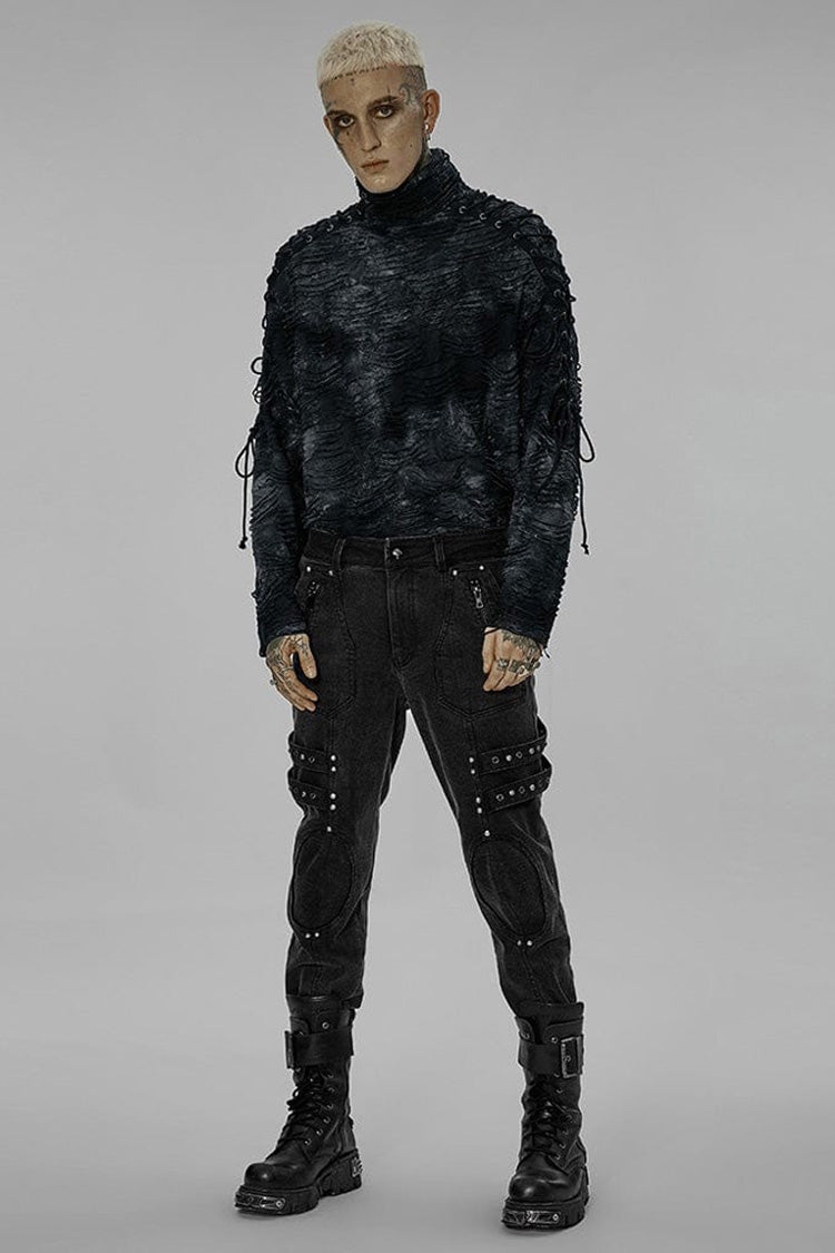 Black/Blue Punk Post Apocalyptic Turtleneck Tattered Tie Dye Print Lace Up Long Sleeve Men's T-Shirt - Product - 4