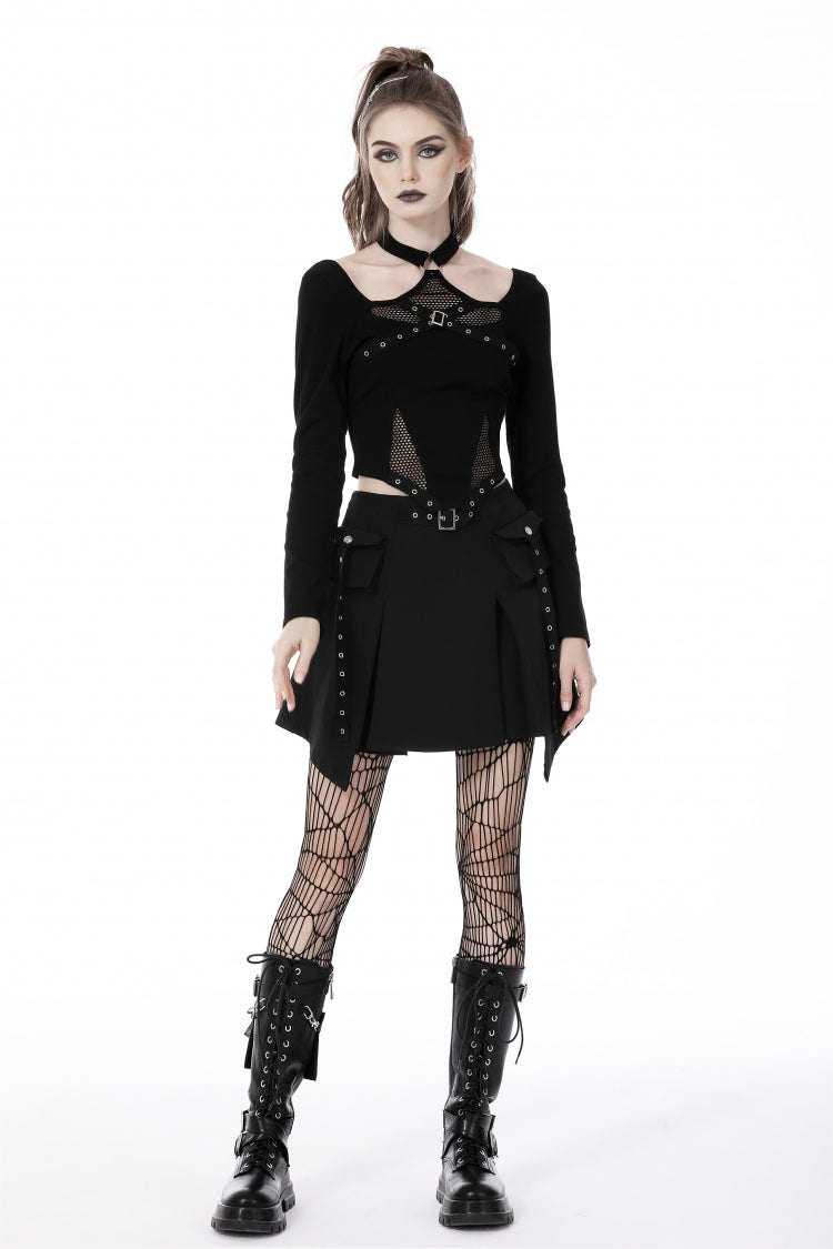 Black Halterneck Long Sleeves Eyelet Mesh Splice Women's Punk Crop Top - Black - 1