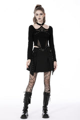 Black Halterneck Long Sleeves Eyelet Mesh Splice Women's Punk Crop Top - Black - 1