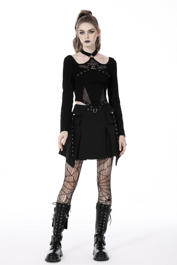 Black Halterneck Long Sleeves Eyelet Mesh Splice Women's Punk Crop Top - Black - 1