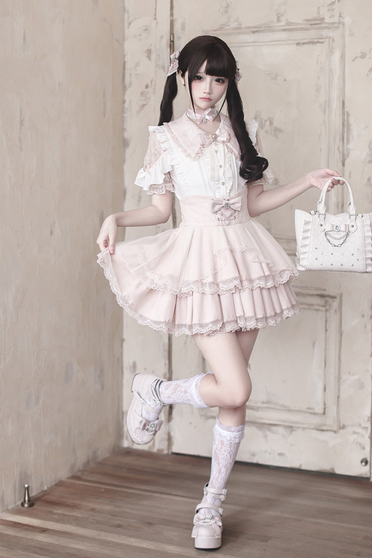 White/Pink [Dreamy Love Ballad] Lapel Collar Short Sleeves Double-Layered Ruffled Cut-Out Bow Gothic Japanese Jirai Kei Skirt Set - Product - 8