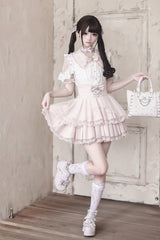White/Pink [Dreamy Love Ballad] Lapel Collar Short Sleeves Double-Layered Ruffled Cut-Out Bow Gothic Japanese Jirai Kei Skirt Set - Product - 8