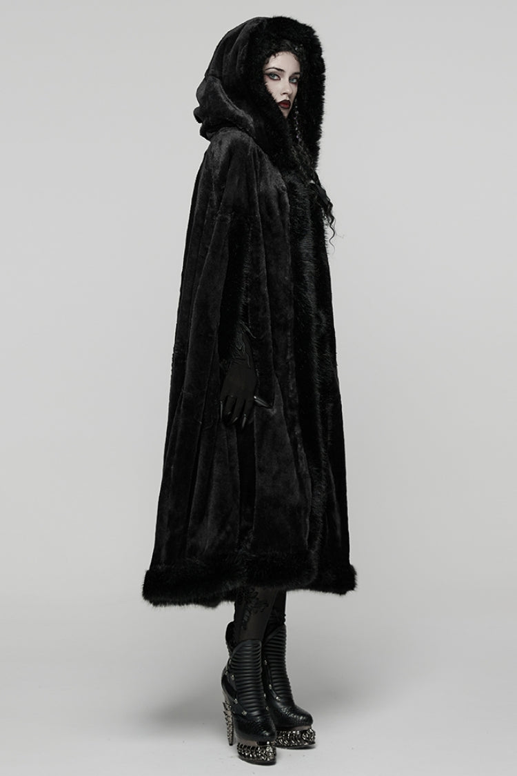 Black Faux Fur Spliced Hooded Women's Gothic Coat Cloak - Product - 2