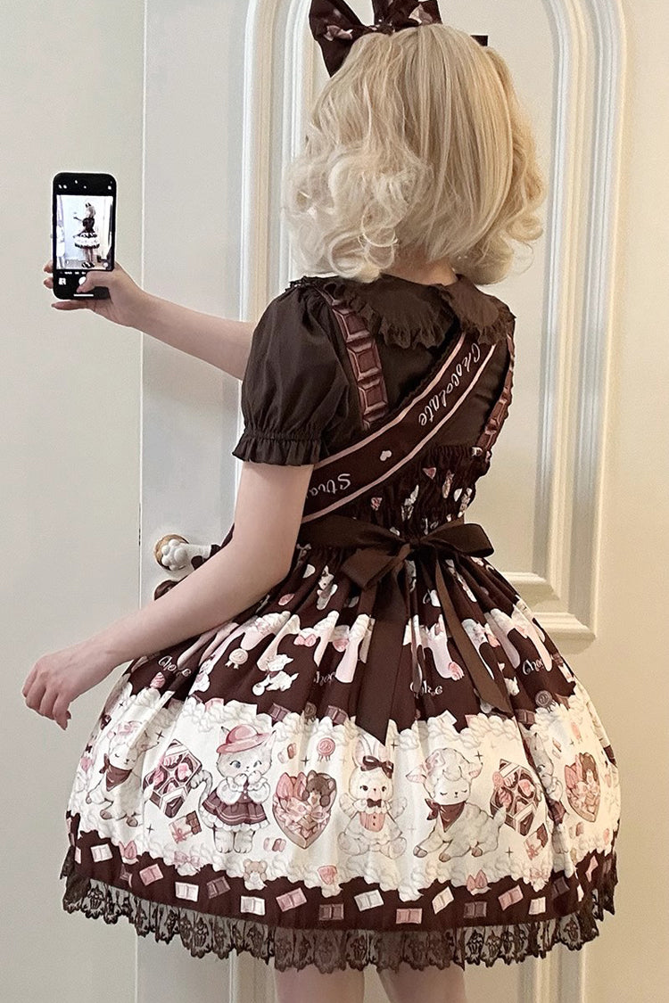 Rosette chocolat imprimé chat nœud papillon couture dentelle douce (ensemble) vue détaillée 12