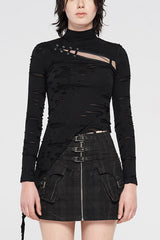Black Long Sleeve High Collar Front Chest Hollow Out Strap Irregular Hem Broken Holes Splice Mesh Women's Punk T-Shirt - Black - 1