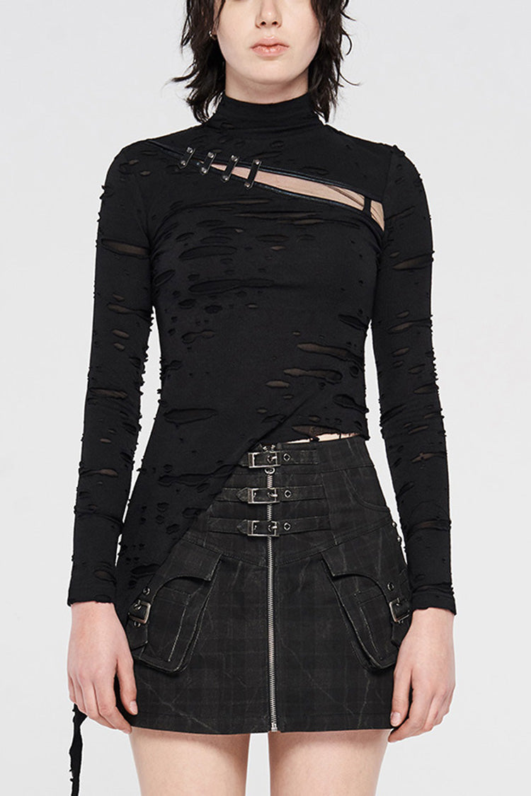 Black Long Sleeve High Collar Front Chest Hollow Out Strap Irregular Hem Broken Holes Splice Mesh Women's Punk T-Shirt - Black - 1