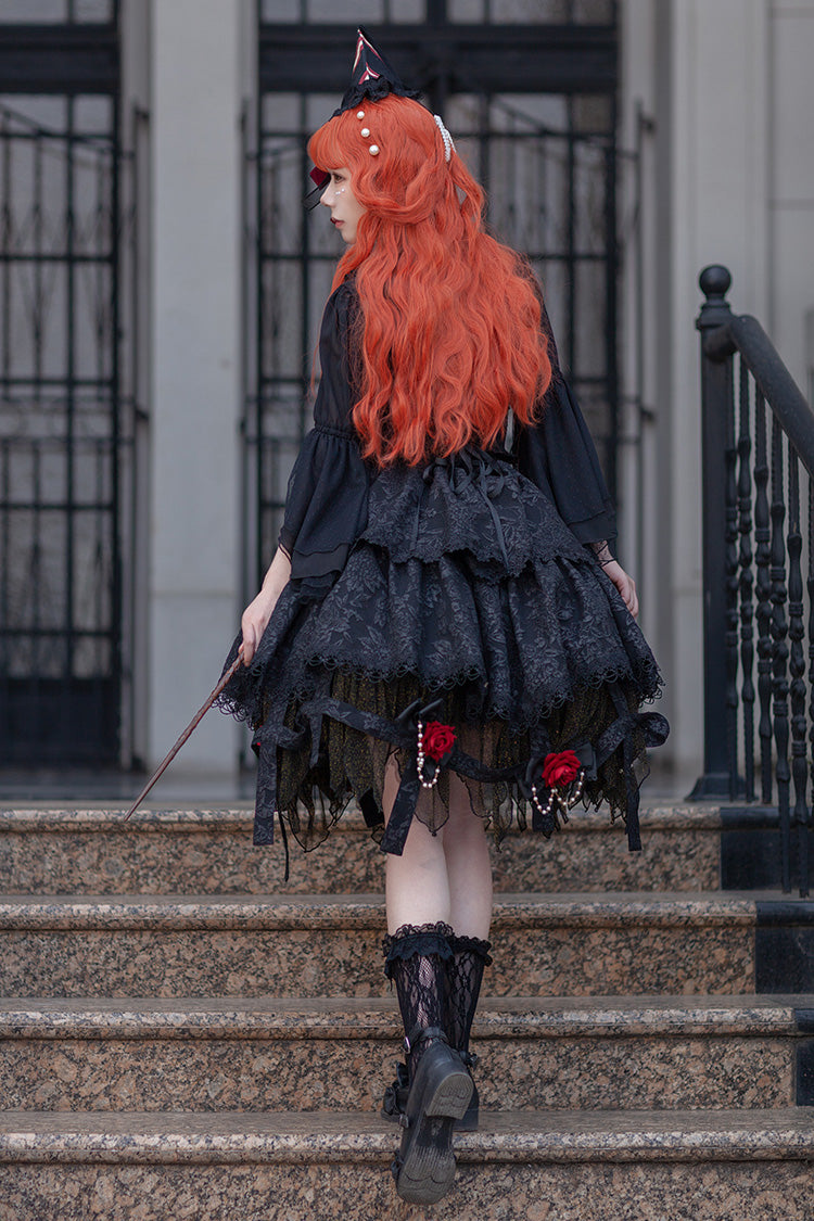Black [Apprentice Witch] Double-Layered Ruffle Lace Gothic Lolita Skirt - Product - 8